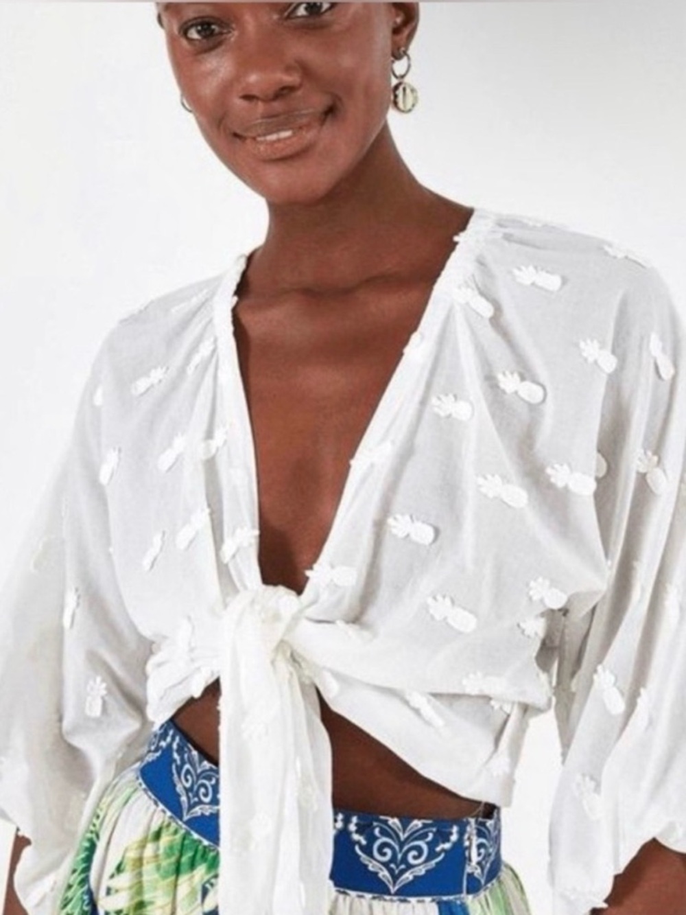 FARM Rio White Tie-Front Embroidered Pineapple Blouse
